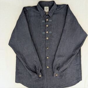 Blue-Gray Bavarian Trachten Amann Button-Up Shirt With Embroidery Detail
